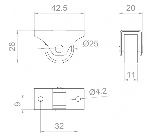 Rolka Φ 25x29mm gumowana, montaż górny