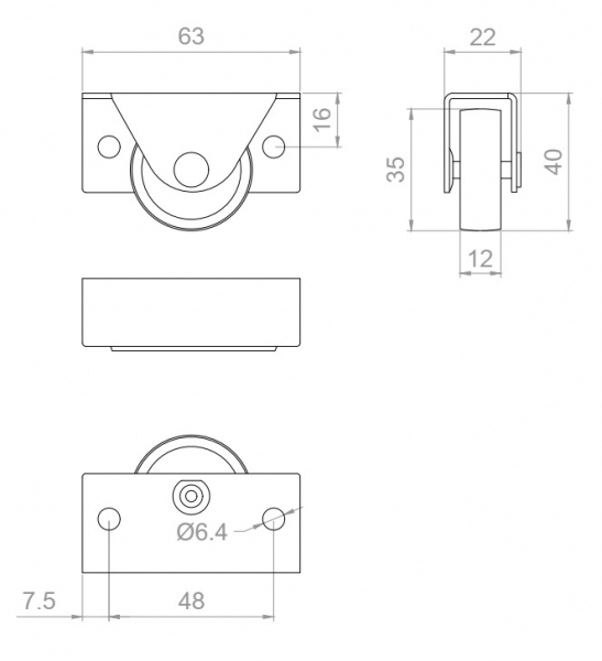 Rolka Φ 35x40 mm, twarda, montaż boczny