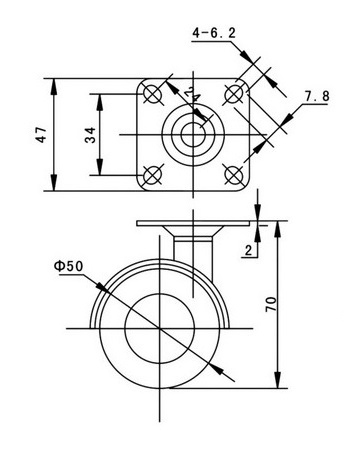 Kółko skrętne Φ50, ozdobne, wzmocnione, bez hamulca, montaż na płytce