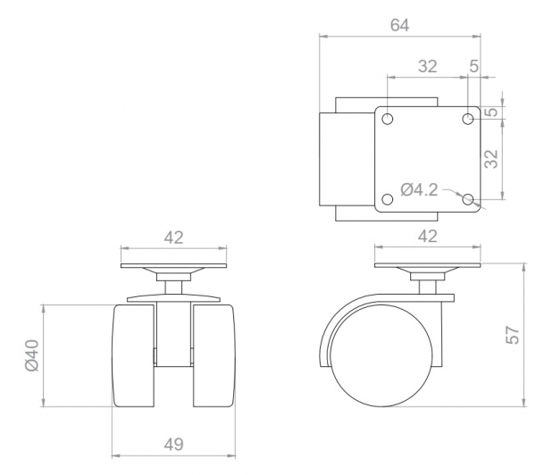 Kółko skrętne wzmocnione  Φ40 bez hamulca, montaż na płytce