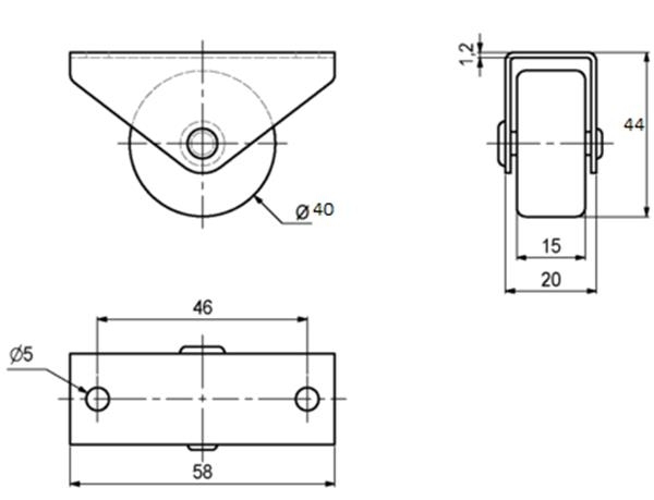 Rolka Φ 40x44mm gumowana, montaż górny