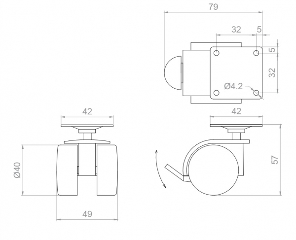 Kółko skrętne wzmocnione  Φ40mm z hamulcem, montaż na płytce