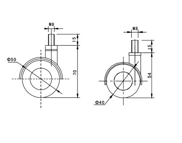 Kółko skrętne Φ50, ozdobne, wzmocnione, z hamulcem, montaż na śrubie M8