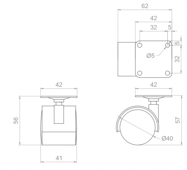 Kółko skrętne  Φ40mm bez hamulca, montaż na płytce